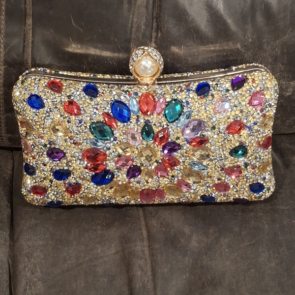 Elegant Multi Color Rhinestone Jewel Encrusted Gold Evening Clutch Purse